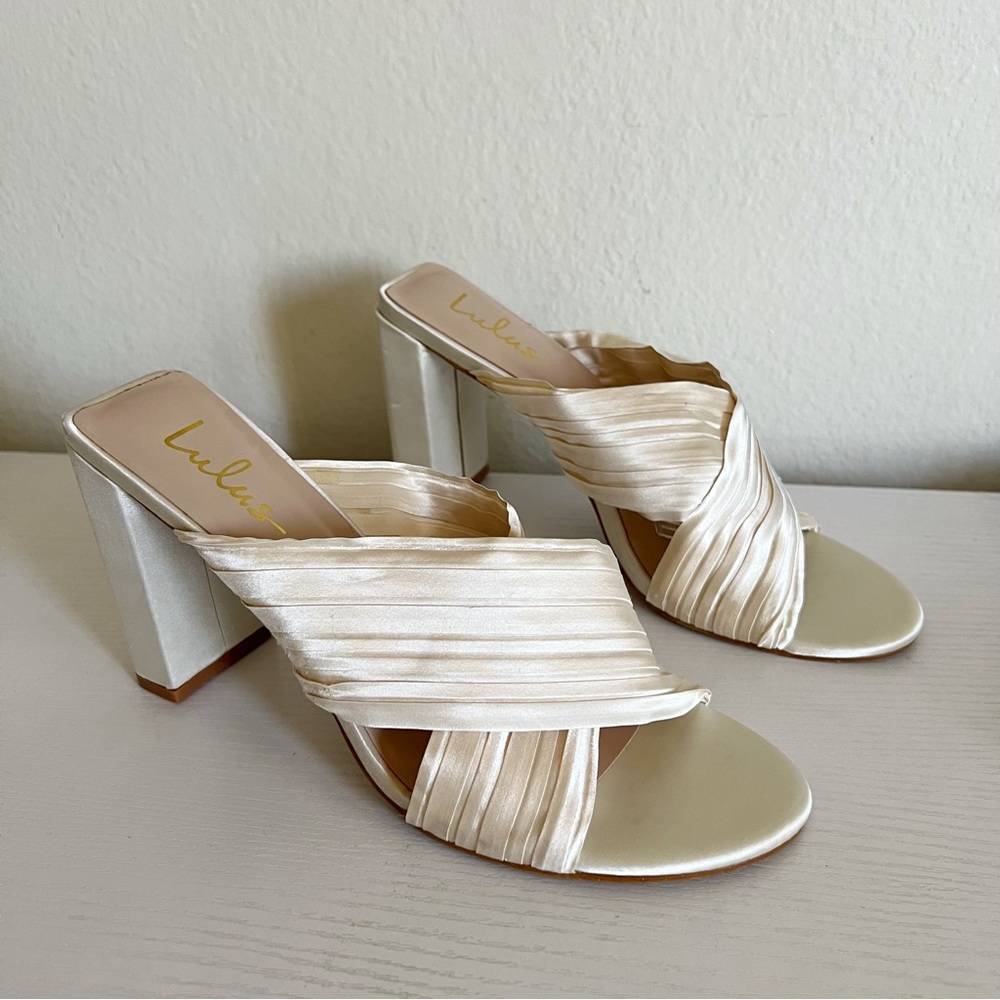 Lulus | Luanah Ivory Satin Pleated High Heel Slide Sandals